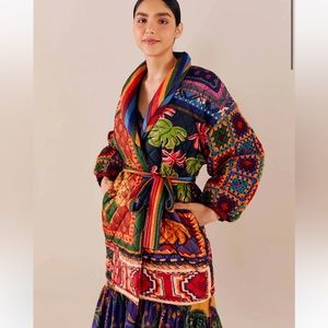 FARM RIO Patchwork Tapestry Crochet Puffer Jacket size Large new w tags, belted